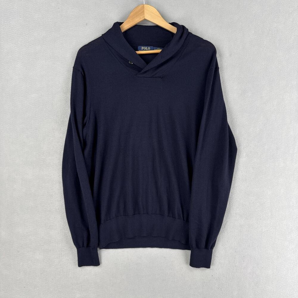 Polo Ralph Lauren Sweater Mens Large Navy Merino Wool Shawl Collar Knit Pullover